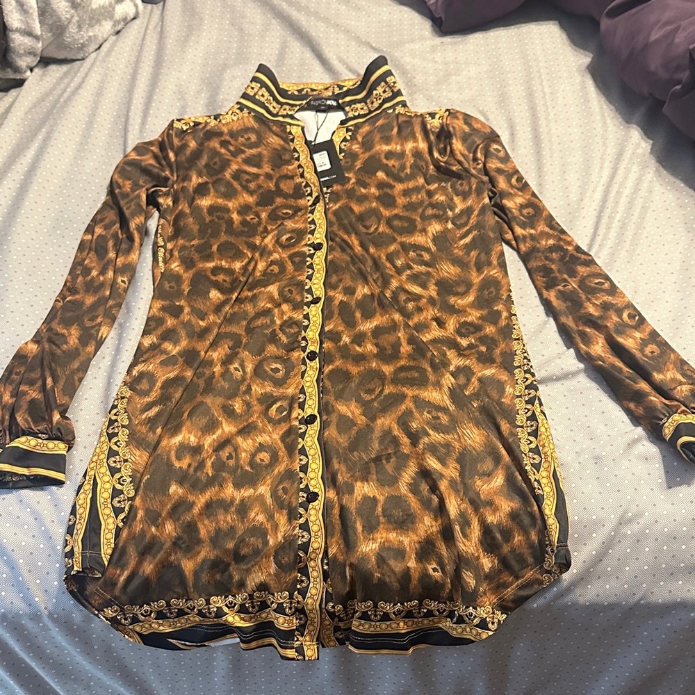 Leopard Print Long Sleeve Shirt Dress with Gold Accents